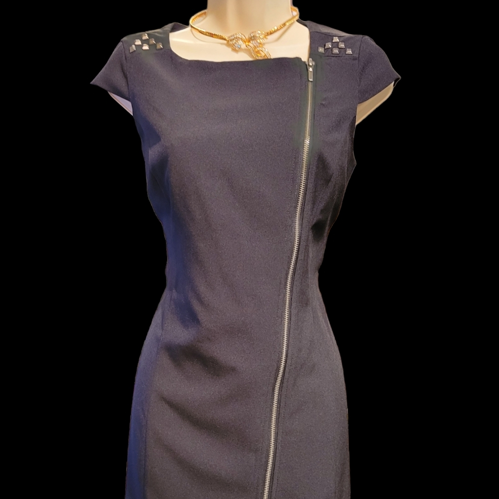 NWOT Suzy Shier S Dress Mini Black with Diagonal Zipper and Studs on Shoulders